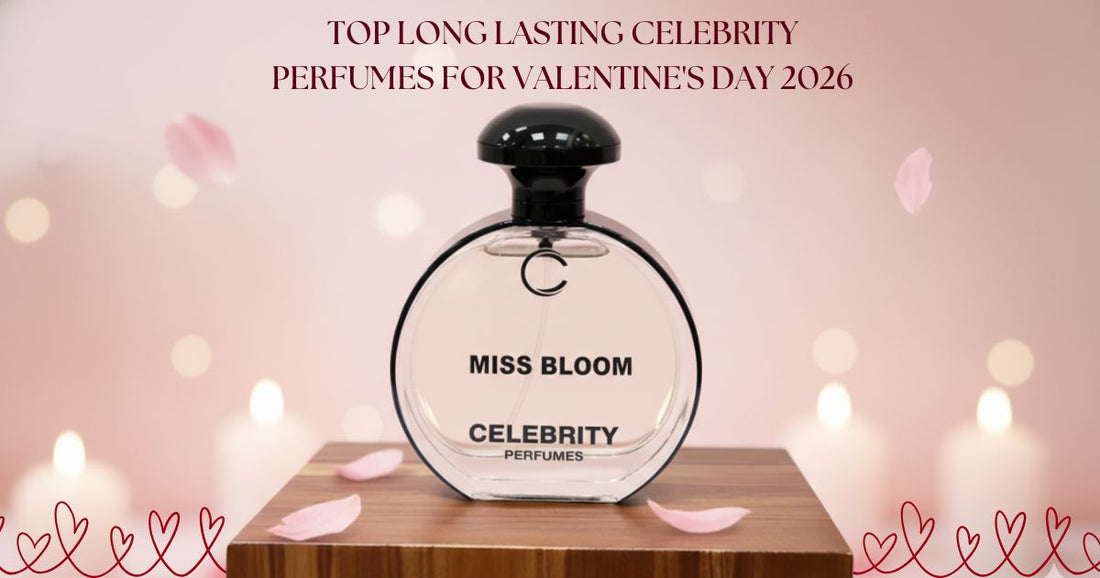 A bottle of Miss Bloom Celebrity Perfume displayed on a wooden stand with rose petals, highlighting the best long lasting perfume for Valentine's Day 2026.